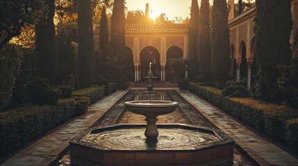 Sunlit Moorish garden with fountains