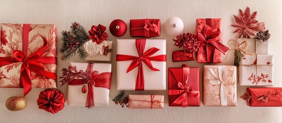 Many wrapped Christmas gifts in red and white