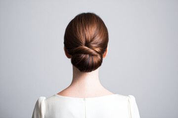 A woman with red hair styled in a neat low bun, wearing a white top, photographed from behind against a plain light gray background.