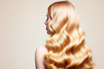 Fototapeta premium Blonde woman with long, wavy hair poses sideways against a beige background, showcasing silky, voluminous locks.