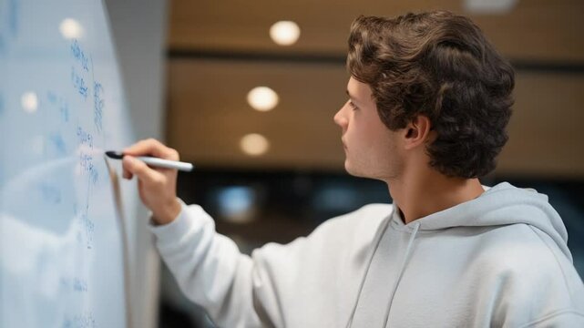 Developing an effective SEO strategy in a contemporary office setting using a whiteboard.