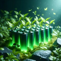 green glowing battery closeup in nature ecology