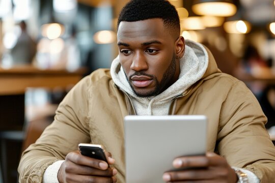Young Black man focused on tablet and smartphone indoors