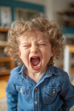 Toddler yelling with big expression at home. Childhood emotion concept.