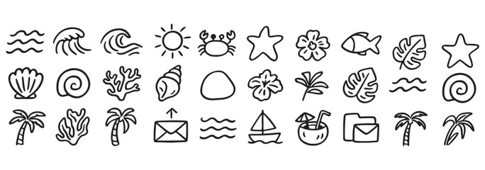 Hand drawn summer vintage icon set. Palm tree, sun and sea, seashells, coral, in doodle sketch style. Drawing ink. Italian concept, ocean, vacation and travel. Vector whimsical elements for print