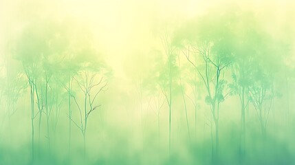 Ethereal forest in shades of light green and yellow creating a dreamlike atmosphere and a soft,