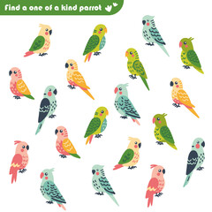 Education puzzle game for children, find a one of a kind, with budgies parrots of green, pink, blue and yellow colors