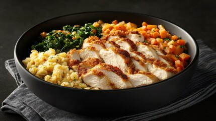 Delicious Bowl of Chicken Stir Fry with Colorful Vegetables and Rice