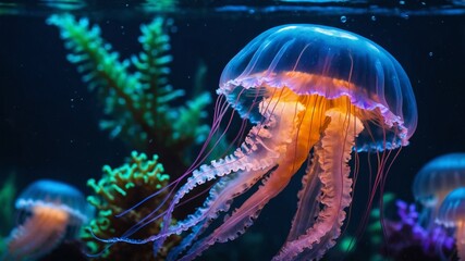 Glowing jellyfish swimming in aquarium with colorful coral