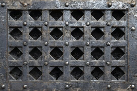 This image displays a close-up view of a rugged metal surface with a geometric grid of diamond-shaped holes framed by bolts and weathered textures.