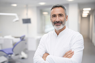 Obraz premium Confident male dentist in white coat standing with arms crossed in a bright, modern dental clinic.