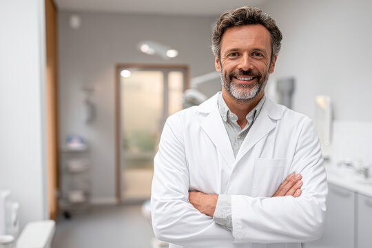 A confident male doctor with a beard smiles in a modern medical office, wearing a white lab coat with arms crossed.