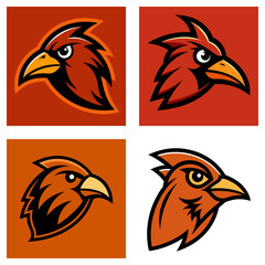 Obraz premium Four cartoonish cardinal heads in different shades of orange and red on square backgrounds are shown