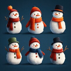 Six unique snowmen displaying different hats and scarves in a winter setting