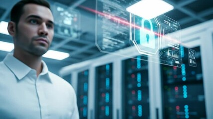 Futuristic scientist interacting with holographic security interface in a high-tech data center - Powered by Adobe