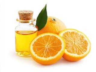 Jar of honey and orange isolated on white background. Orange Serum Bottle with Citrus Fruit for Skincare Product mockup. Vitamin C Orange Serum.