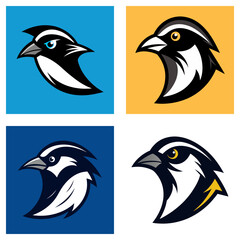 Fototapeta premium Four variations of a bird head logo with different color schemes and background colors displayed here
