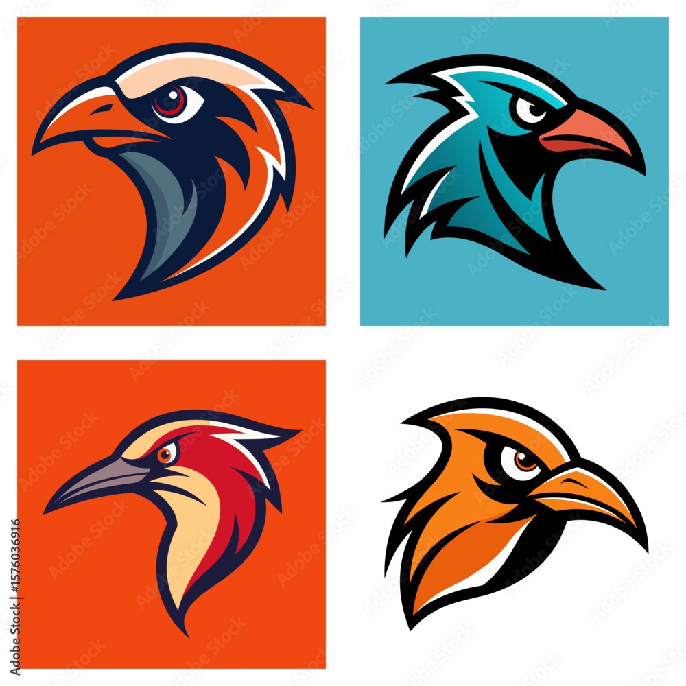 Poster four square images displaying stylized bird head logos in different color schemes and backgrounds