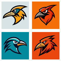 Obraz premium Four square panels displaying stylized bird head logos in various colors and designs in vector art