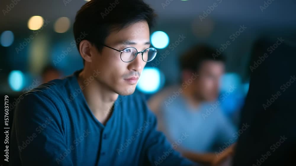 Wall mural software engineers collaborate on ai solutions during a late-night session in a modern office settin