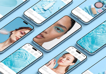 Multi Screen Phone Web Ui Ux App Social Media Post and Stories Feed Mockup