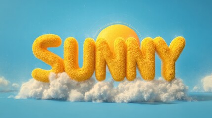 Sunny Font. Bright Yellow Typography with Summer Sun and Sky in Nature Theme