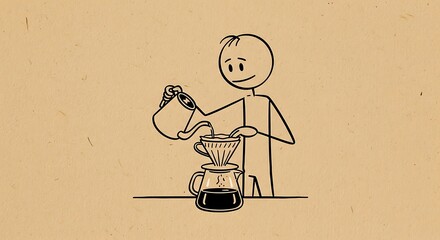 Stick figure preparing pour over coffee with coffee maker and a carafe