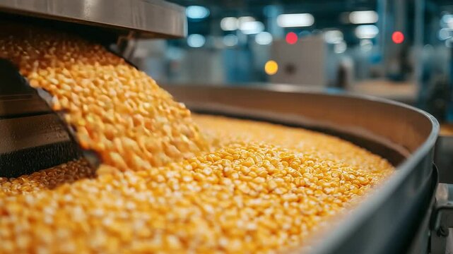 Close-up of corn kernels spilling from an industrial grinder into storage bins with digital weight sensors