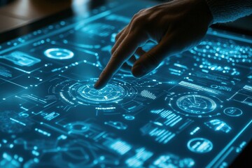 Fototapeta premium Adult Hand Interacting with Futuristic Glowing Digital Interface