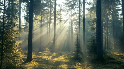 Calm forest scene with morning light filtering through tall pine trees and gentle leaf motion in loop - Powered by Adobe