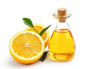 Jar of honey and orange isolated on white background. Orange Serum Bottle with Citrus Fruit for Skincare Product mockup. Vitamin C Orange Serum.