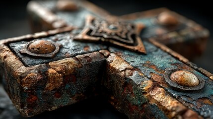 Ancient metallic cross with intricate details and weathered texture displayed against a dark background