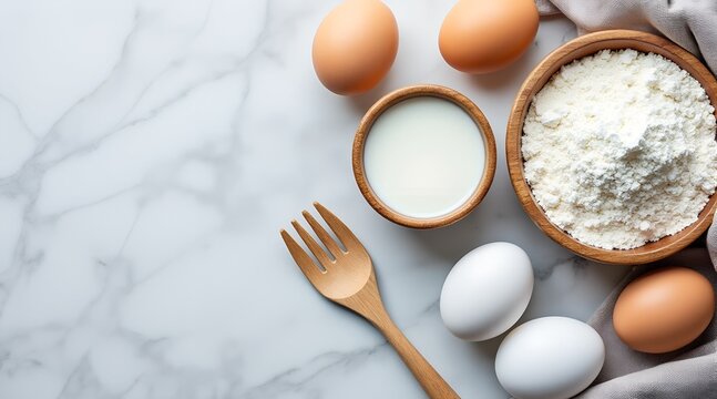 Baking ingredients eggs, flour, and milk on marble