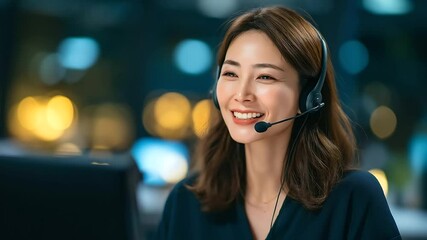 Cheerful Asian businesswoman providing customer support in a call center environment. - Powered by Adobe