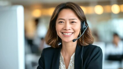 Confident Asian businesswoman with a headset working in a contemporary call center environment. - Powered by Adobe