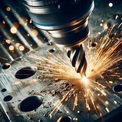 metal drill cutting in iron plate