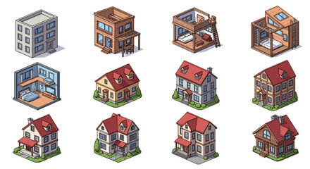 Naklejka premium Isometric view of various building structures showcasing architectural styles and interior designs in detail
