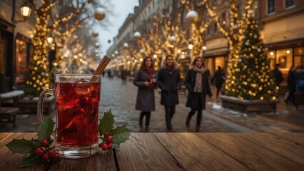 Glass of hot mulled wine on a table on a decorated Christmas street	