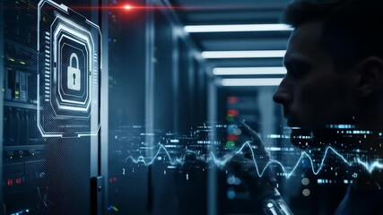 Futuristic cybersecurity expert interacting with a digital lock interface in a high-tech server room - Powered by Adobe