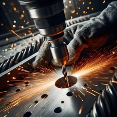 metal drill cutting in iron plate