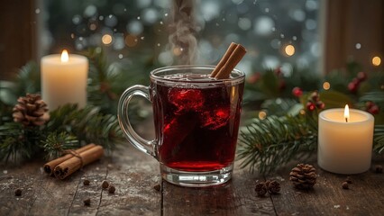 Warm mulled wine served in a festive glass, surrounded by sparkling Christmas decorations and lights, evokes a cozy holiday mood, celebration, warmth and joy during the magical winter.