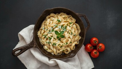 Savory pasta topped with creamy mushroom sauce is served in a pan over a fresh bed of arugula and ripe red tomatoes, creating a vibrant, flavorful dish full of color and rich aroma