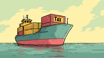 Cargo Ship with Tax Container Representing US Tariff Policy on Imports