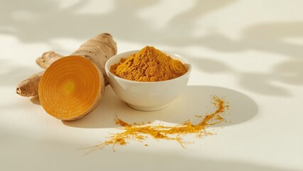 Fototapeta premium Ground turmeric powder and fresh turmeric root rest on a wooden cutting board, showcasing the vibrant color, natural texture, and earthy essence of this flavorful and aromatic spice 