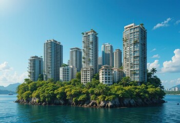 Fototapeta premium Pequeña isla urbana con edificios de gran altura sostenibles entrelazados con una densa vegetación tropical bajo un cielo azul