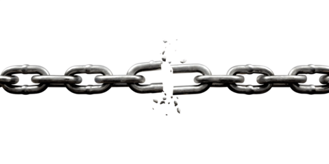 Metal chain broken apart with debris isolated on a transparent background link separation