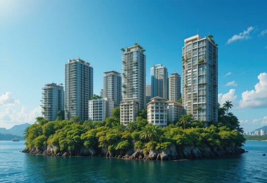 Peque&ntilde;a isla urbana con edificios de gran altura sostenibles entrelazados con una densa vegetaci&oacute;n tropical bajo un cielo azul