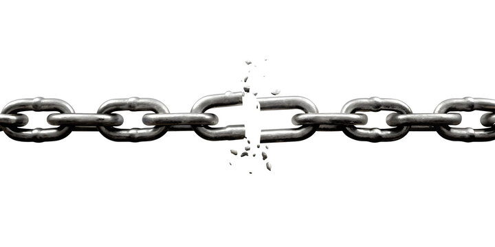 Metal chain broken apart with debris isolated on a transparent background link separation