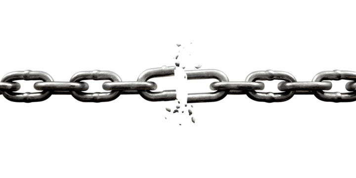 Metal chain broken apart with debris isolated on a transparent background link separation