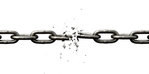 Metal chain breaking apart with debris isolated on a transparent background link